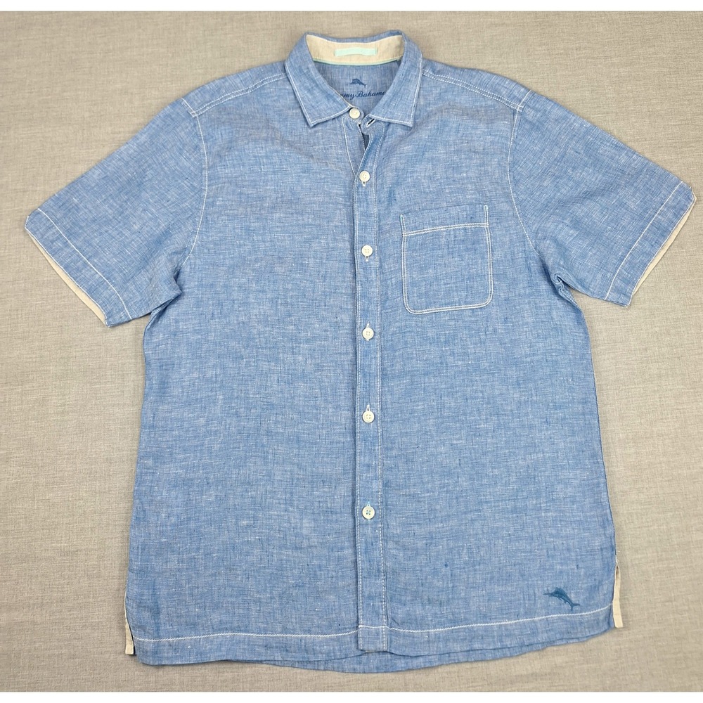 Tommy Bahama Mens Medium Blue 100% Linen Short Sleeve Button Up Shirt Relaxed